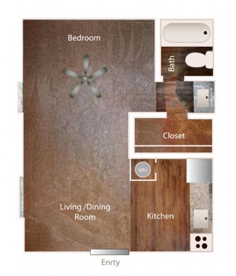 A floor plan of a home showing a bedroom, bathroom, closet, living/dining room, kitchen, and entry.